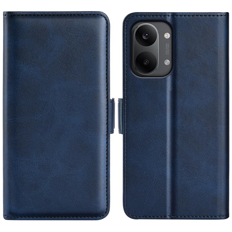 Dark blue leather flip phone case with magnetic buckle and dual camera cutout.