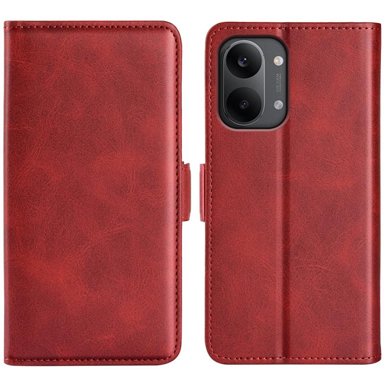 Red leather flip phone case with magnetic buckle and dual camera cutout.