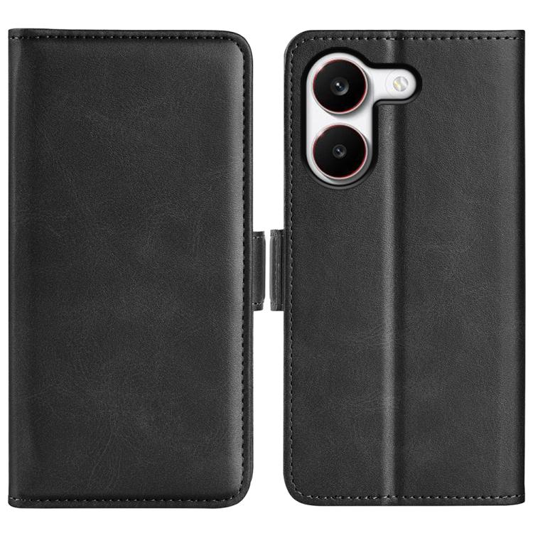 Black leather flip phone case with magnetic closure; cutout for dual cameras