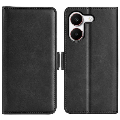 Black leather flip phone case with magnetic closure; cutout for dual cameras