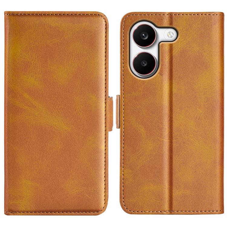 Tan leather flip phone case with magnetic closure; cutout for dual cameras
