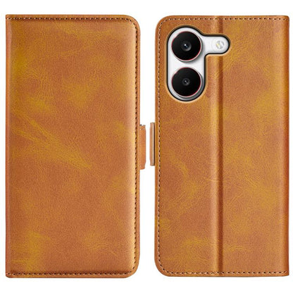 Tan leather flip phone case with magnetic closure; cutout for dual cameras