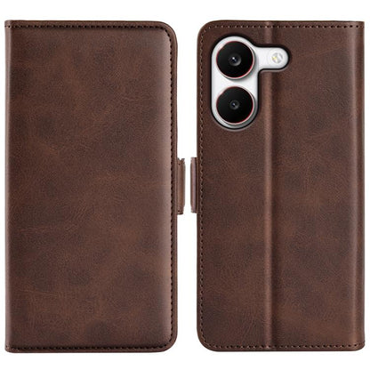 Brown leather flip phone case with magnetic closure; cutout for dual cameras