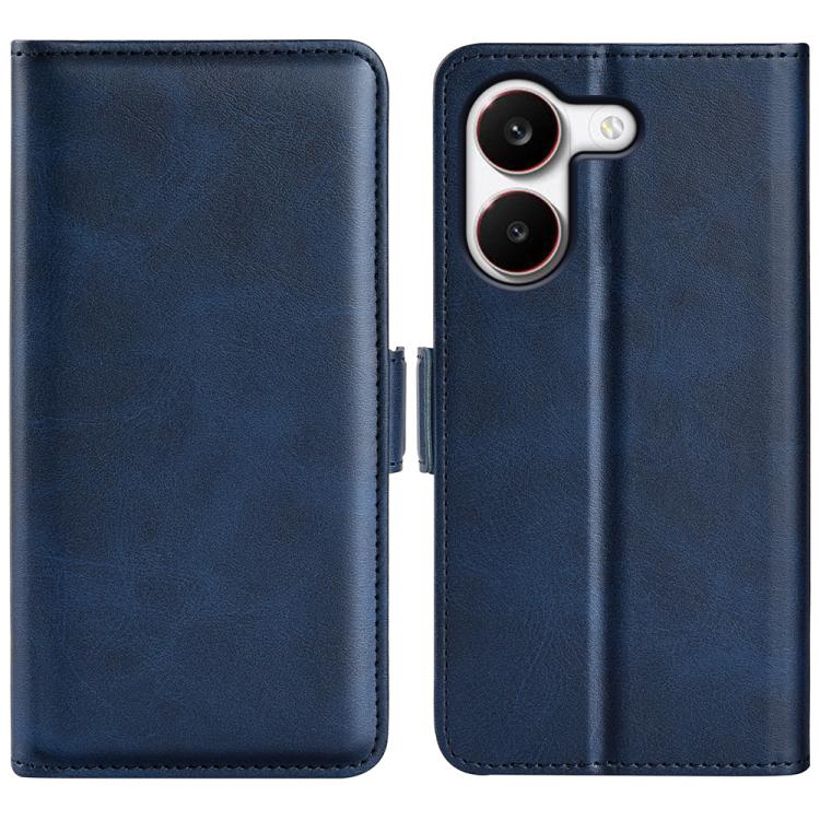 Dark blue leather flip phone case with magnetic closure; cutout for dual cameras