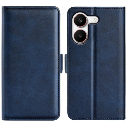 Dark blue leather flip phone case with magnetic closure; cutout for dual cameras
