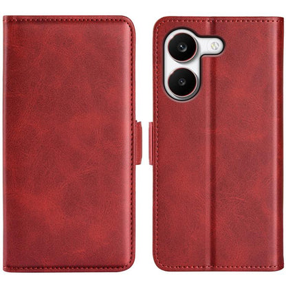 Red leather flip phone case with magnetic closure; cutout for dual cameras
