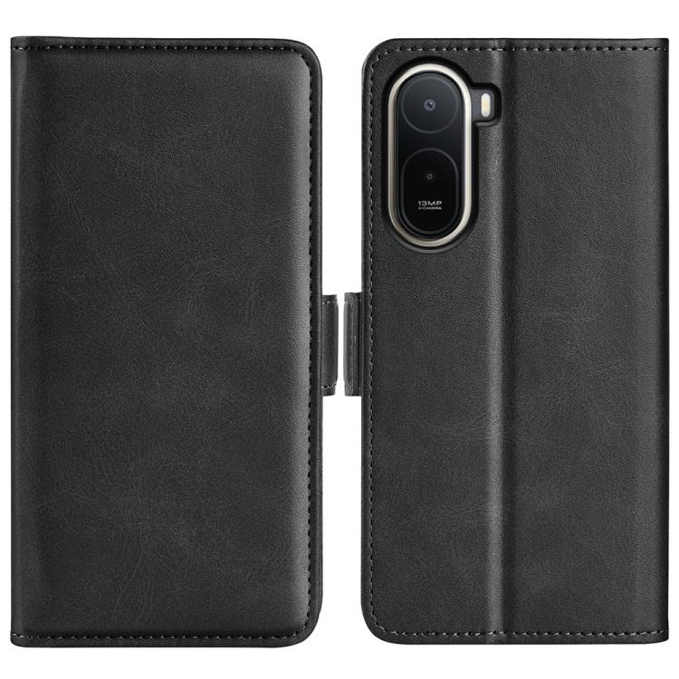 Black leather flip phone case with magnetic buckle and camera cutout.