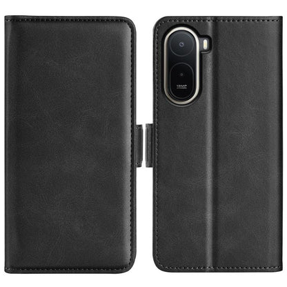 Black leather flip phone case with magnetic buckle and camera cutout.