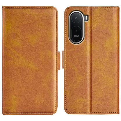 Tan leather flip phone case with magnetic buckle and camera cutout.