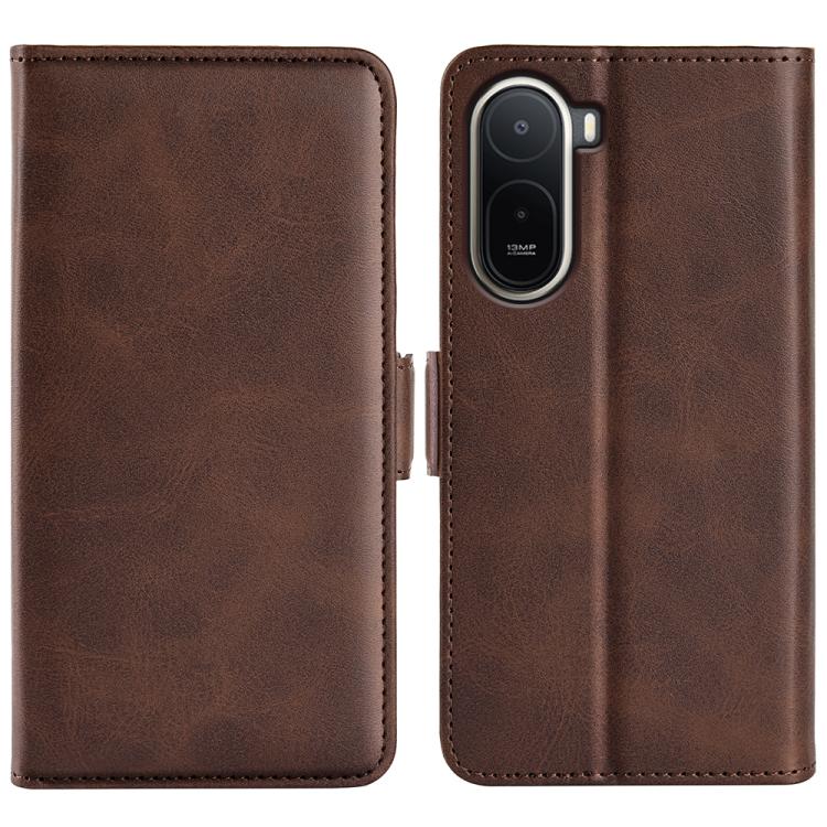 Brown leather flip phone case with magnetic buckle and camera cutout.