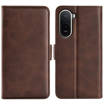 Brown leather flip phone case with magnetic buckle and camera cutout.