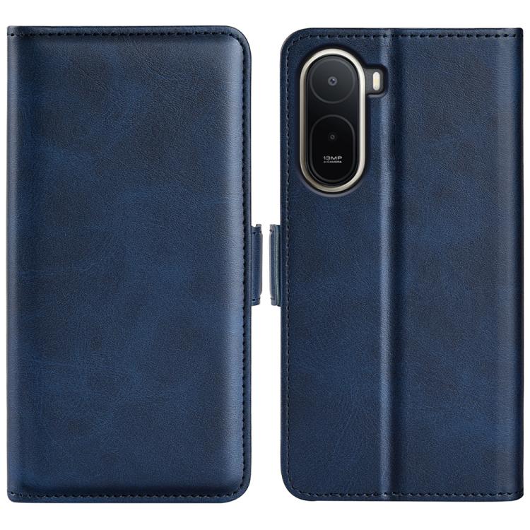 Dark blue leather flip phone case with magnetic buckle and camera cutout.