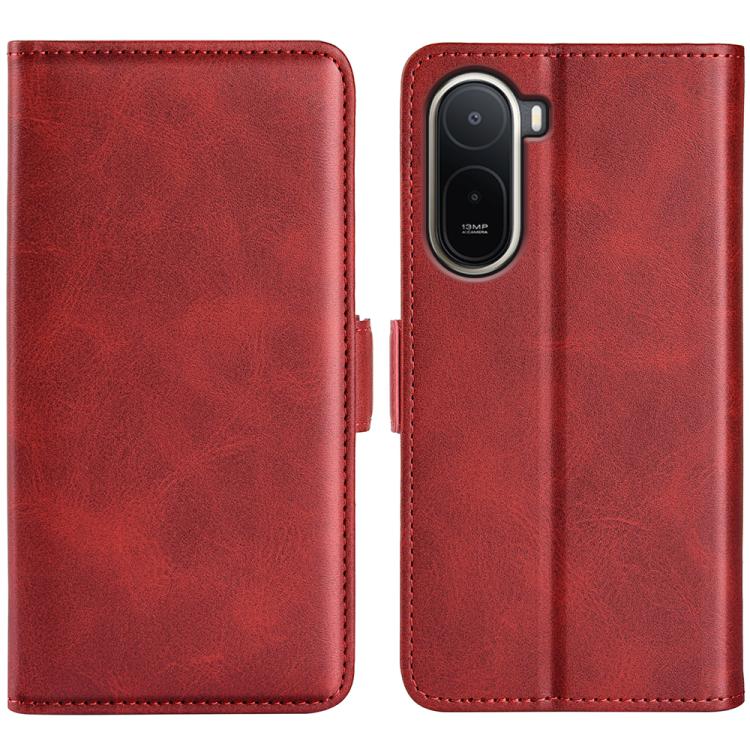 Red leather flip phone case with magnetic buckle and camera cutout.