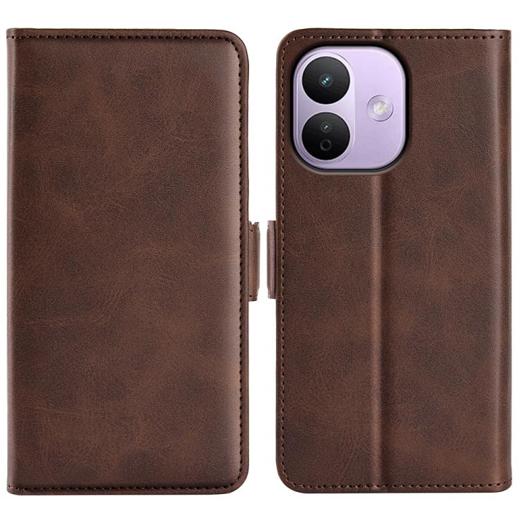 Brown leather flip phone case with magnetic buckle, camera window
