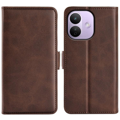 Brown leather flip phone case with magnetic buckle, camera window