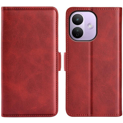 Red leather flip phone case with magnetic buckle, camera window