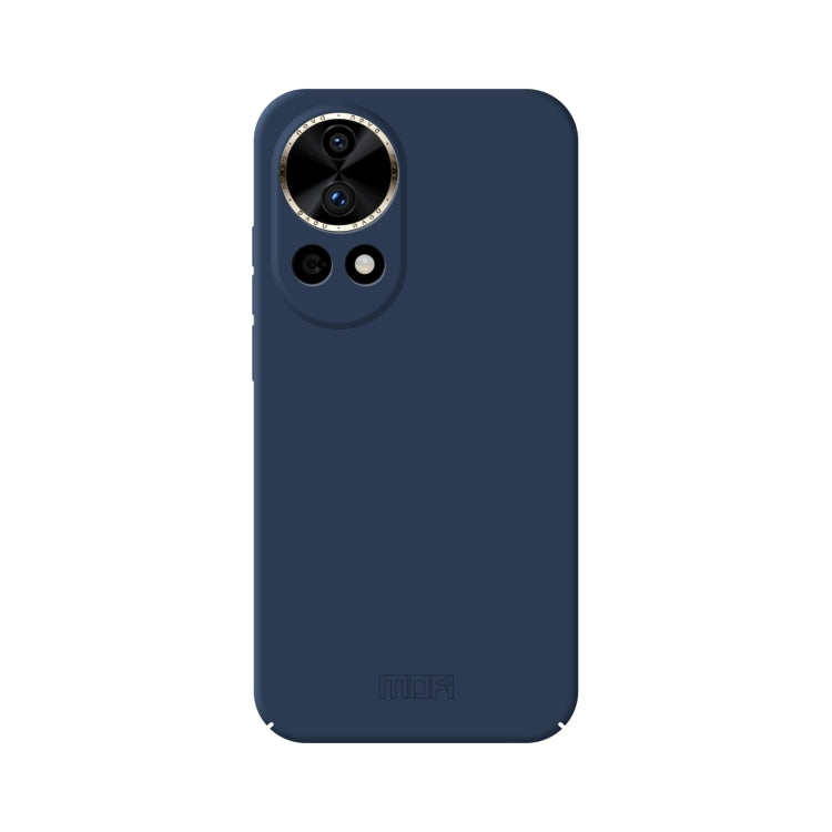 Blue hard phone case with camera cutouts and matte skin feel
