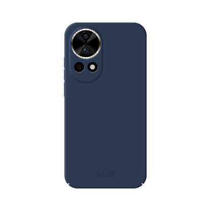 Blue hard phone case with camera cutouts and matte skin feel