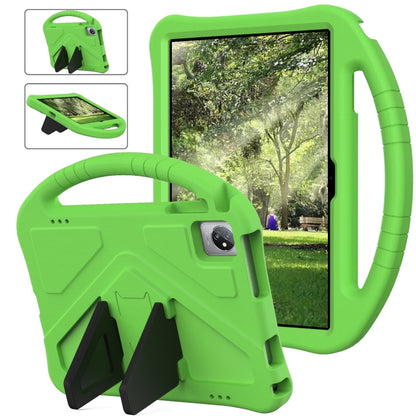 Green EVA shockproof tablet case with kickstand and hand strap, camera cutout