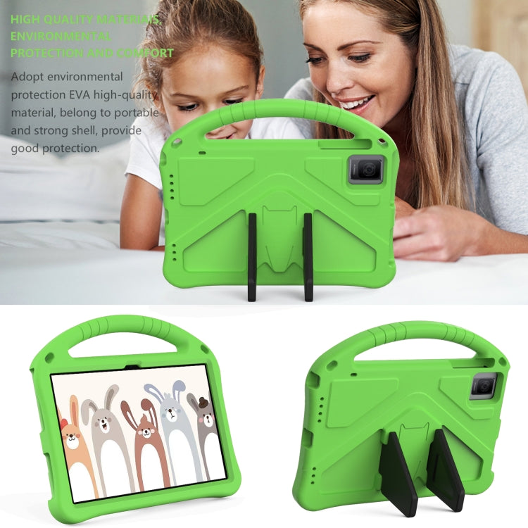 Green EVA shockproof tablet case with handle, kickstand, and camera cutout.