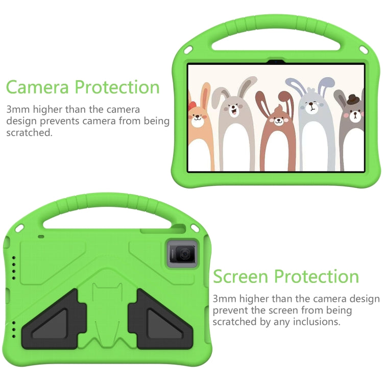Green shockproof tablet case with reinforced camera and screen protection edges.