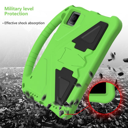Green shockproof tablet case with raised camera cover and foldable kickstand grips.
