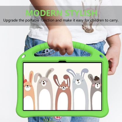 Green shockproof tablet case with child-friendly handle and kickstand for support.