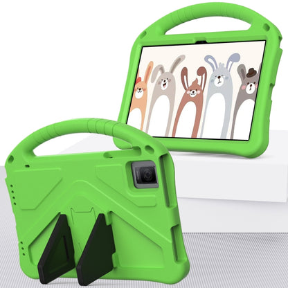 Green EVA tablet case with arched handle and foldable kickstand stand, shockproof shell.