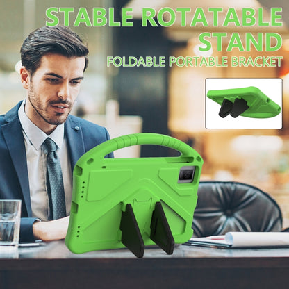 Green shockproof tablet case with foldable kickstand stand and arched carry handle.
