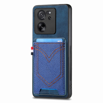 Blue denim-look leather phone case with card slot, V-stitched front and camera cutouts