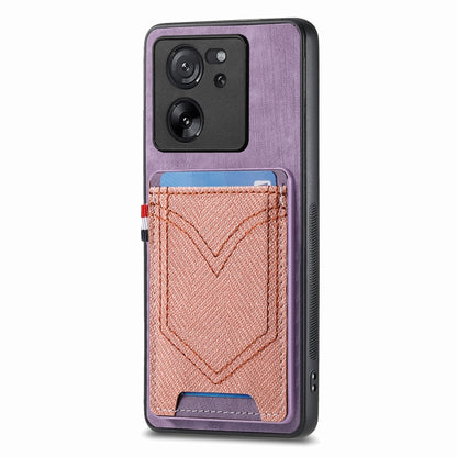 Purple denim-look leather phone case with card slot, V-stitched front and camera cutouts