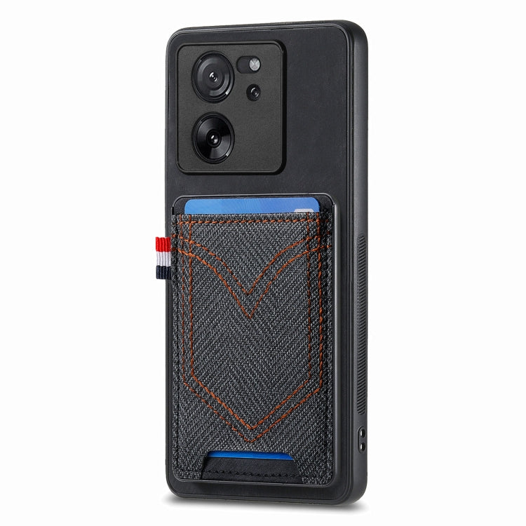 Black denim-look leather phone case with card slot, V-stitched front and camera cutouts
