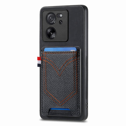 Black denim-look leather phone case with card slot, V-stitched front and camera cutouts