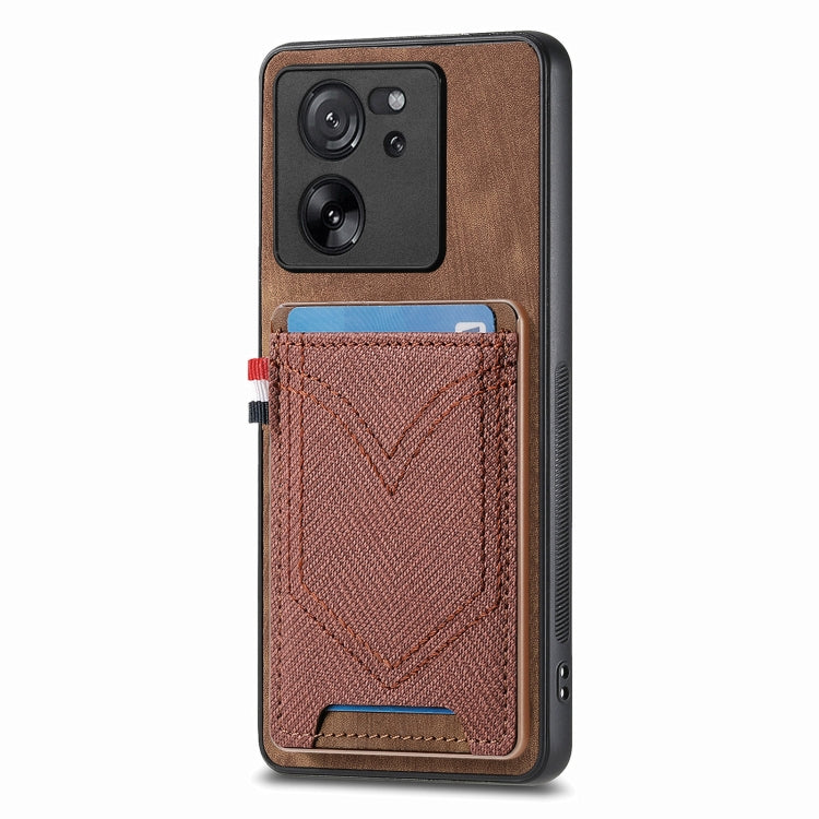 Brown denim-look leather phone case with card slot, V-stitched front and camera cutouts