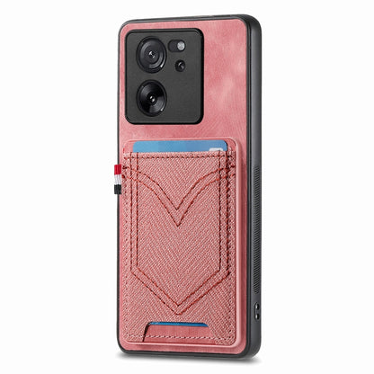 Pink denim-look leather phone case with card slot, V-stitched front and camera cutouts