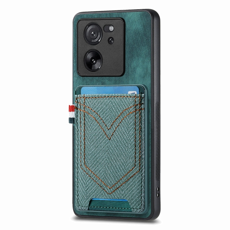 Green denim-look leather phone case with card slot, V-stitched front and camera cutouts