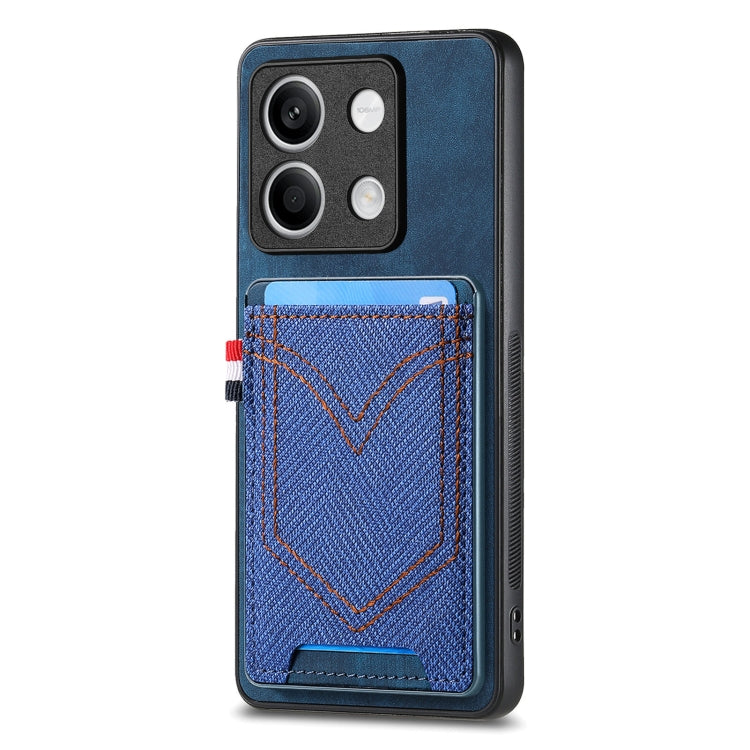 Blue denim-texture phone case with card slot, stitched V design