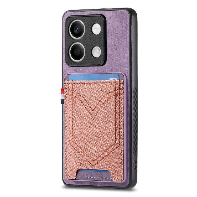 Purple denim-texture phone case with card slot, stitched V design