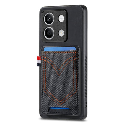 Black denim-texture phone case with card slot, stitched V design