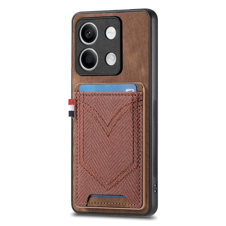 Brown denim-texture phone case with card slot, stitched V design