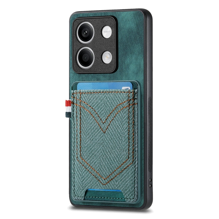 Teal denim-texture phone case with card slot, stitched V design