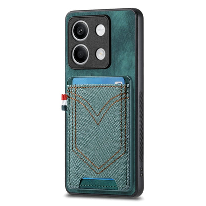 Teal denim-texture phone case with card slot, stitched V design