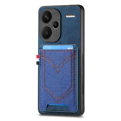 Blue denim-texture phone case with card slot, stitched V design