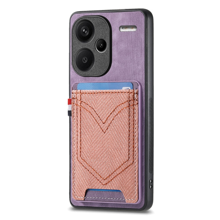 Purple denim-texture phone case with card slot, stitched V design