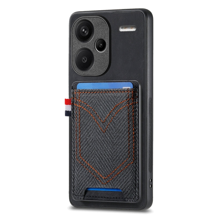 Denim-textured leather phone case with card slot, dark blue and black