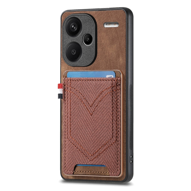 Denim-textured leather phone case with card slot, brown and red-brown denim