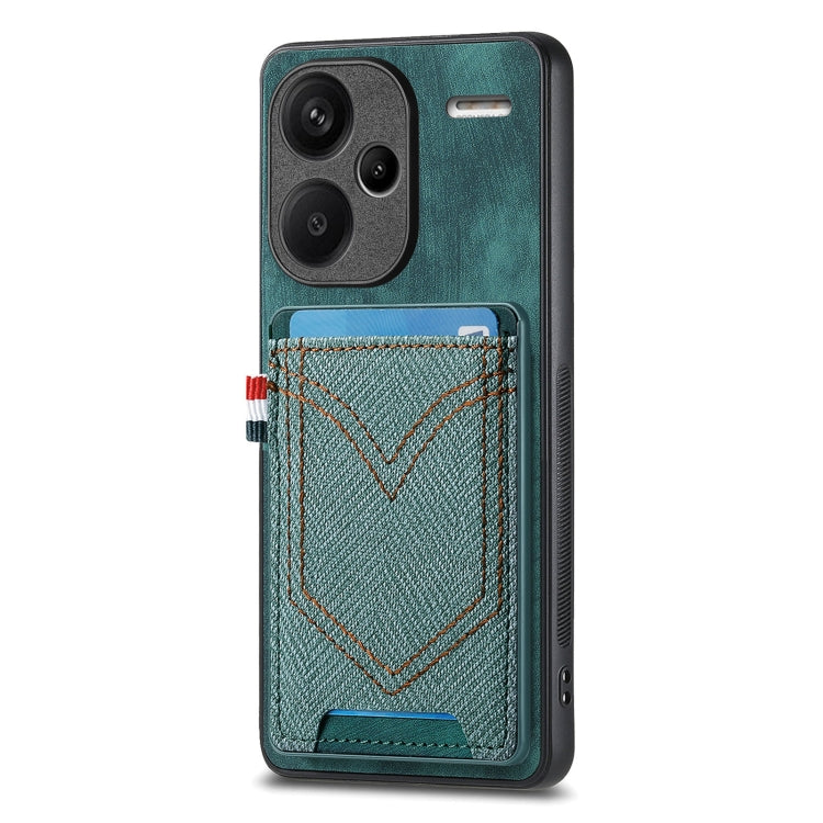 Denim-textured leather phone case with card slot, teal-green denim and dark green