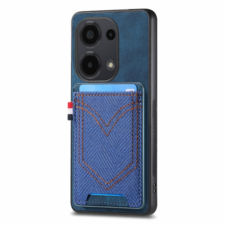 Denim-texture leather phone case with card slot, blue, stitched V pocket detail