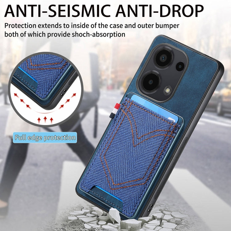 Blue denim-texture leather phone case with card slot and reinforced edges