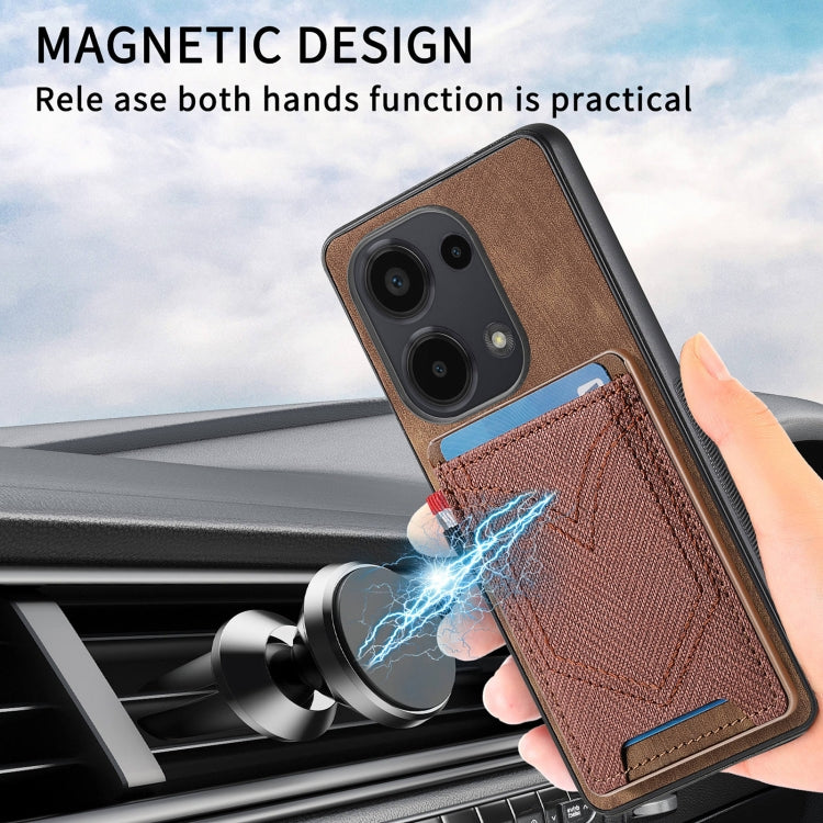 Brown denim-texture leather phone case with card slot and magnetic-style flip design
